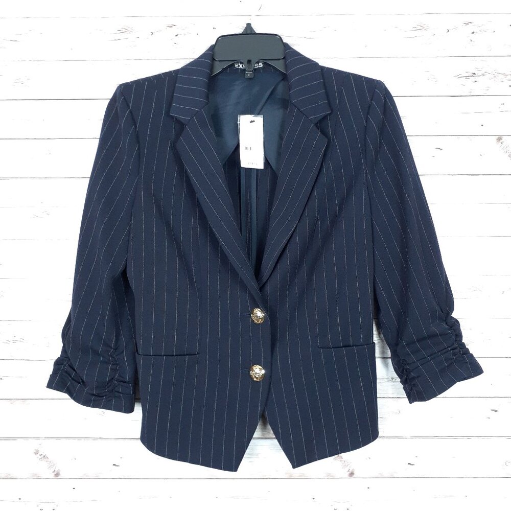 Express Womens Cropped Blazer Size 6 Navy Pinstripe Ruched Sleeve Pockets 854 - Picture 1 of 6